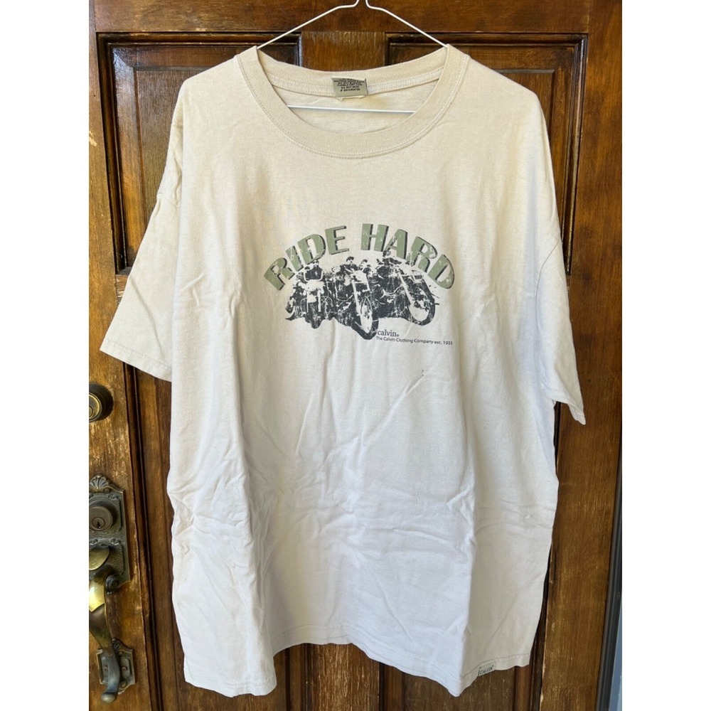 90s Calvin Klein Shirt Ride Hard Short Sleeve Tee Motorcycle | Cream | Size XL